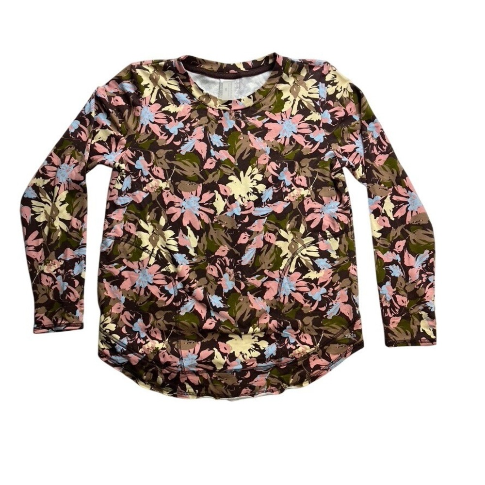 Zuda Womens XXS Floral Long Sleeve Pullover‎ Top Brown Pink Curved Hem Pockets